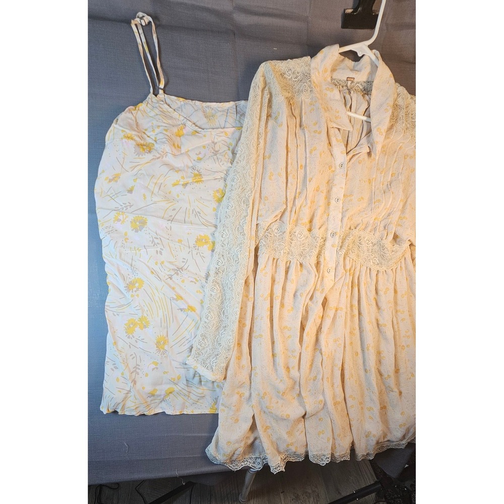 Free People Floral Lace Trim Button Front Mini Dress with Slip Set Yellow XL